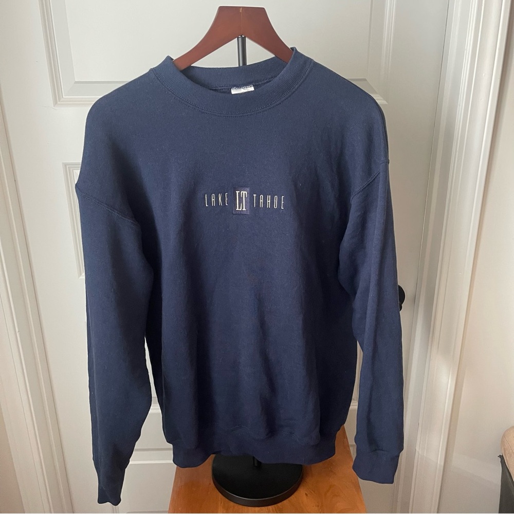 Vintage Lake Tahoe Embroidered Navy Sweatshirt Large Preppy Travel Hiking